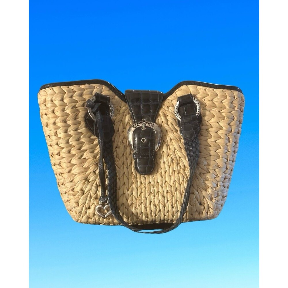 Brighton Woven Straw Tote Bag Floral Lining, Silver Leather Accents